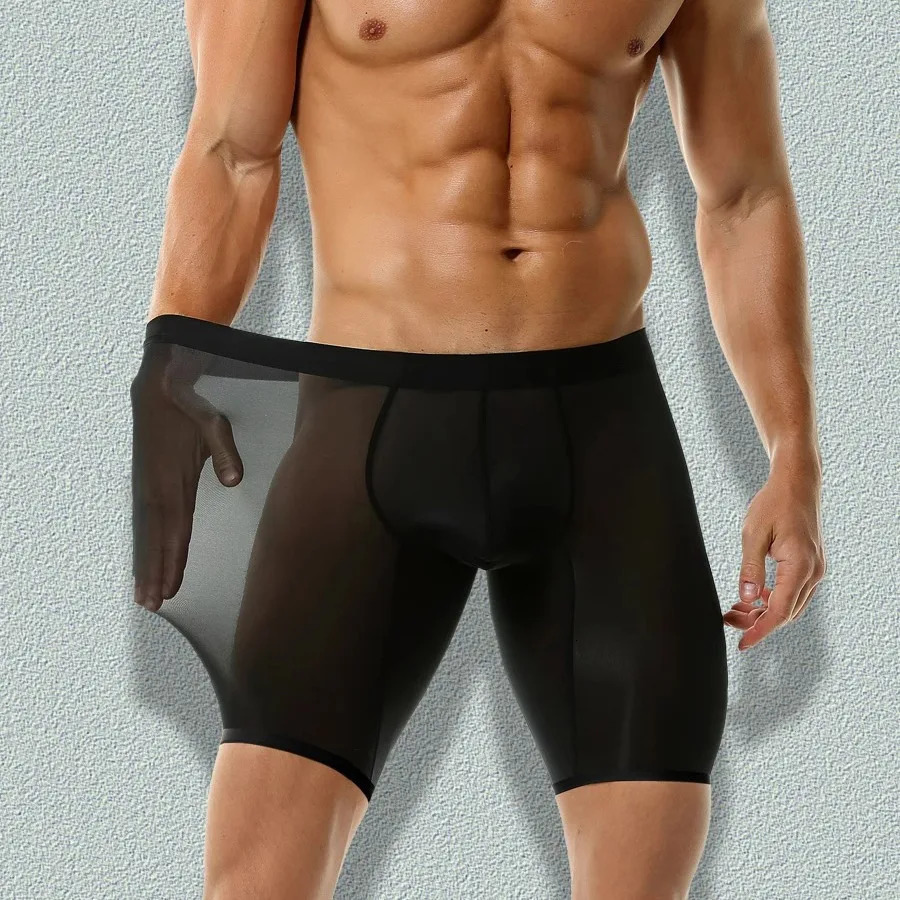 Sexy Mens Underwear Ice Silk Ultra Thin Long Leg Boxing Shorts Breathable Raised Pocket Length 250417