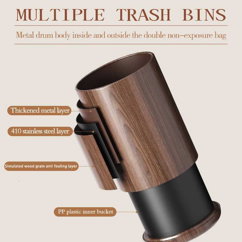 Leasylife Vintage Trash Can Walnut Wood Pattern WasteBasket Metal Body Household Garbage Can for Bathroom Living Room Home C251120