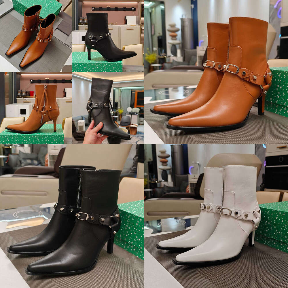 2025 new womens boots Top Cowhide Rivet Tassel Pointed Toe Women Naked Luxury Designer bale Thin Heel Autumn Winter Fashion Belt Buckle Decorative Zipper Ankle boot