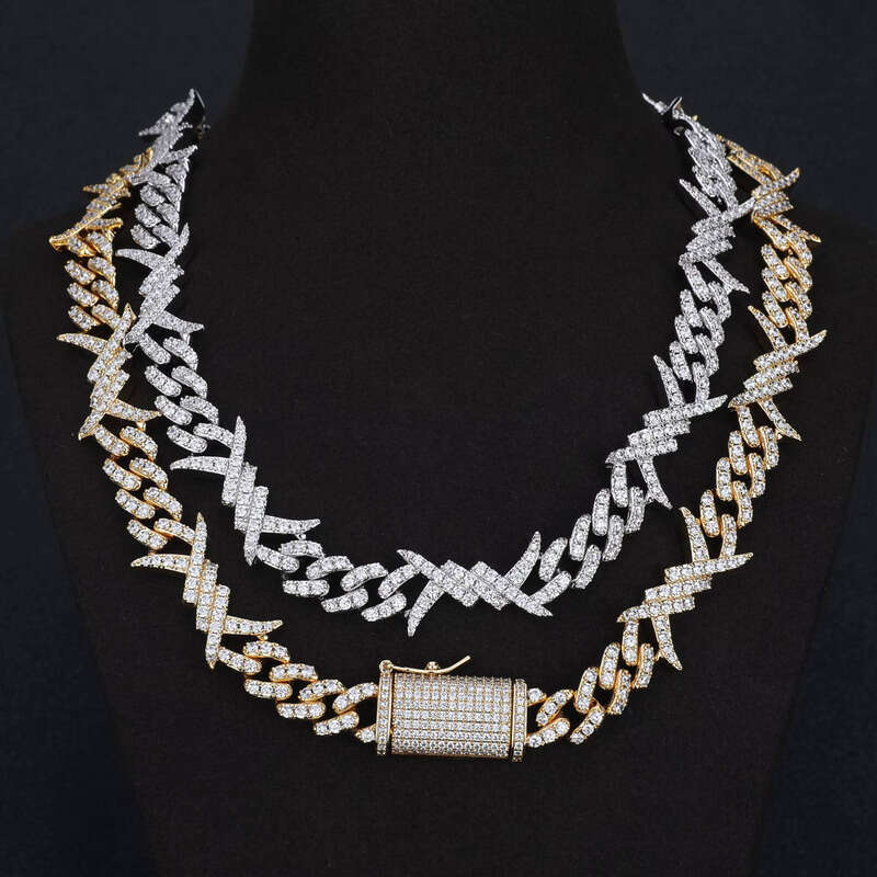 10mm Hip Hop Punk Sterling Sier Iced Out Barbed Wire Knot Thorn Moissanite Cuban Link Chain
