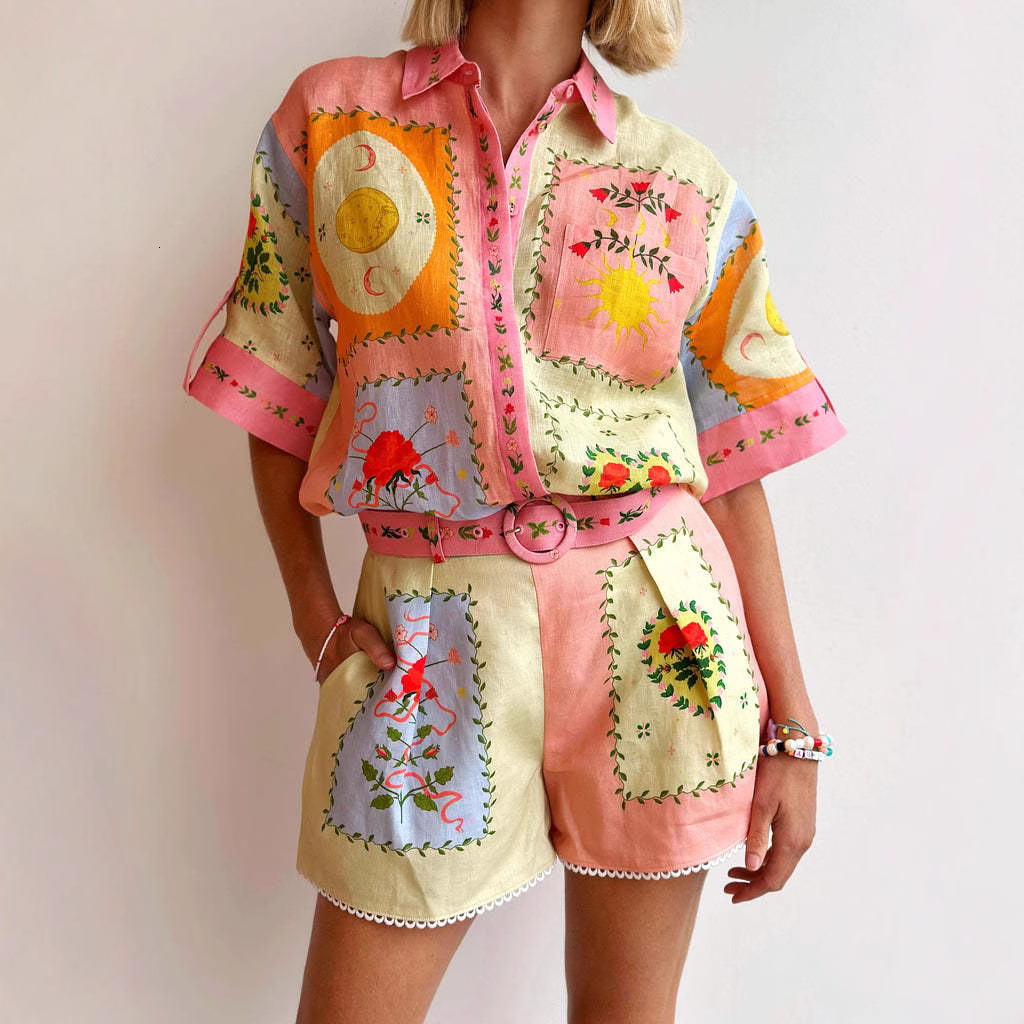 2025 New Two pieces Shorts Set Leisure Fashion Linen Temperament Shirt Girl Printed shirt Top Fashion Clothes