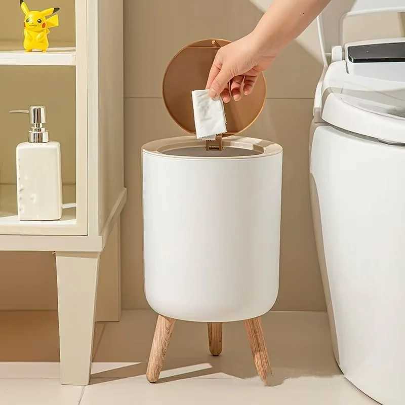 Household Creative Press-Type Living Room Toilet Bathroom High-Leg Imitation Wood Grain Trash Can with Lid C251120
