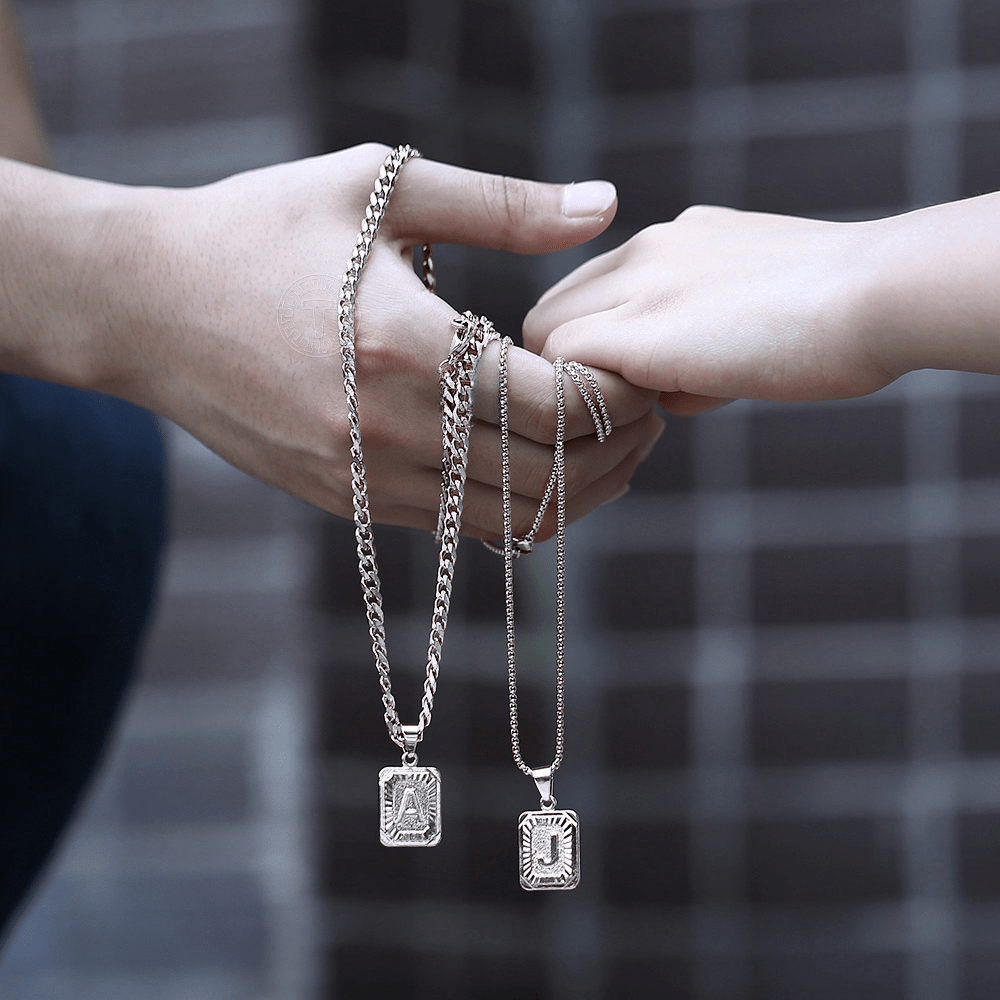 1pc Stainless Steel Square Initial Letter Necklace for Men Women Charms Silver Color Name A-Z Pendant with Cuban Chain