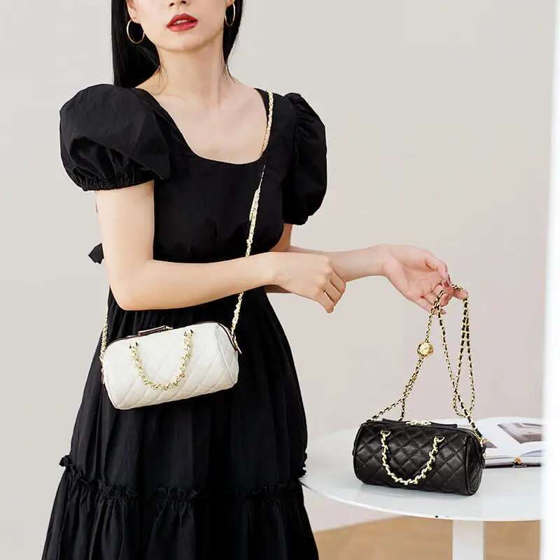 WOONAM Women Fashion Handbag Genuine Calf Leather Quilited Stich Check Barrel Chain Shoulder Crossbody Bag