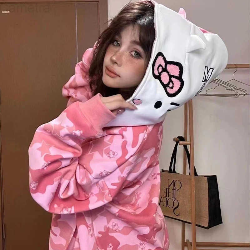 Sanrio Cartoon Hello Kitty Hooded Zipper Sweater Kawaii Y2K Couple Cardigan Pure Cotton Camouflage Jacket Trendy Christmas Gift H251120