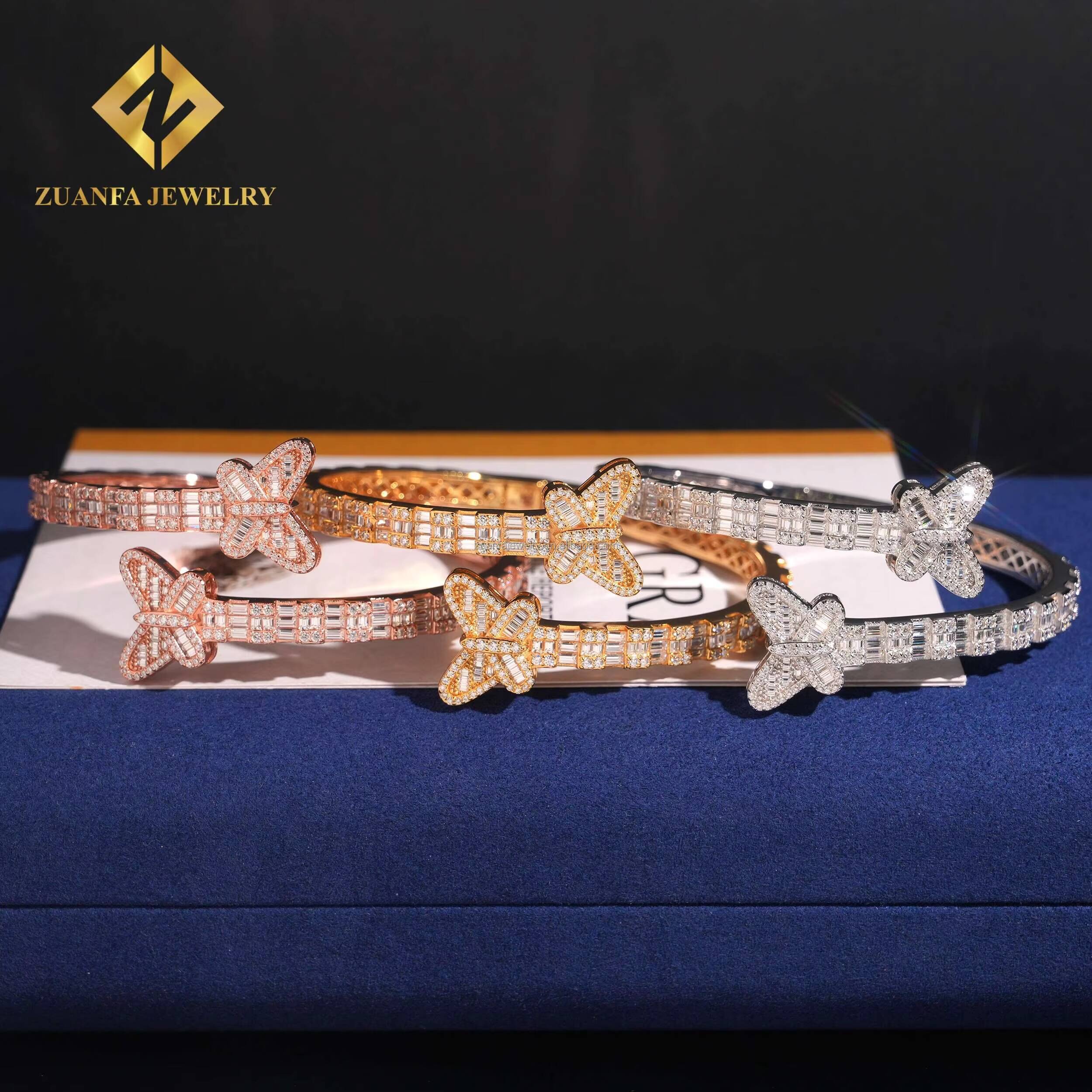 Fashion Drop Shipping Butterfly Rapper Jewelry Luxury Iced Out Hip Hop S925 Silver Baguette Moissanite Diamond Bangle Bracelet