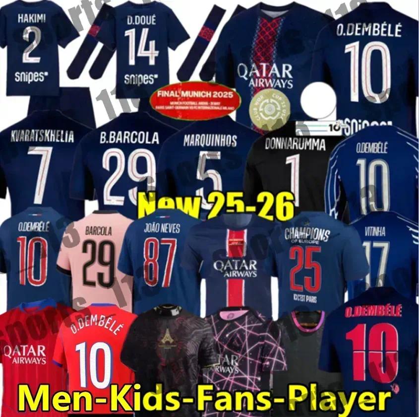 FINAL 25 26 D.DOUE KVARATSKHELIA Maillot de Foot Joao Neves Paris Jerseys Marquinhos Dembele Barcola Asensio Hakimi Ugarte Futebol camisa 2025 2026 PSGSE Men Kit