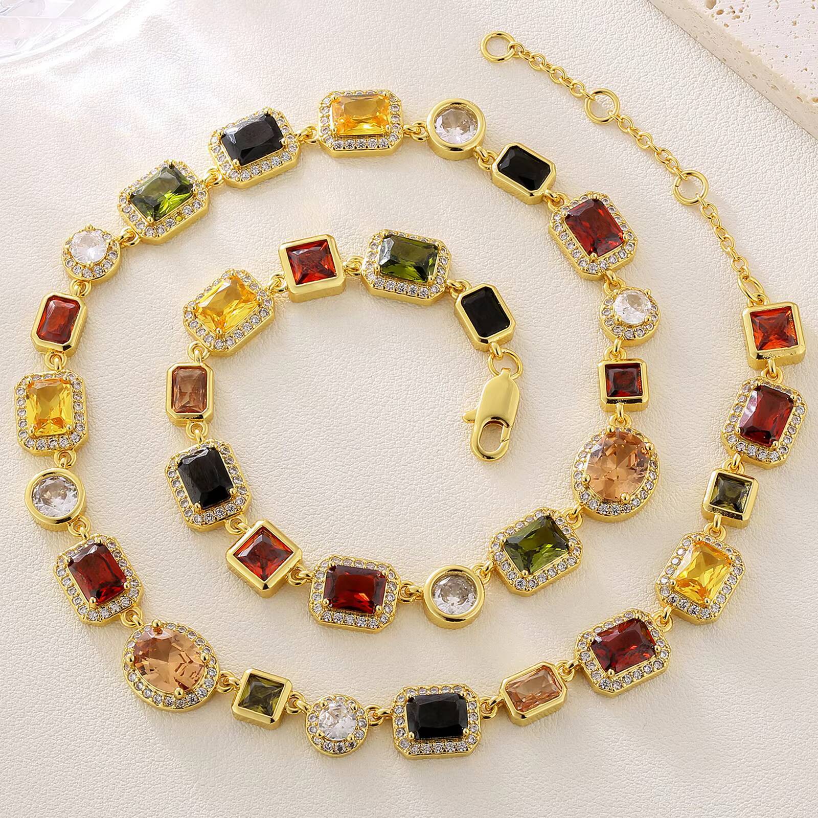 Sparkly Multi Gemstone Choker Chain 18K Real Gold Plated Brass Jewelry 10MM Colorful CZ Rainbow Gem Stone Necklace for Women Men