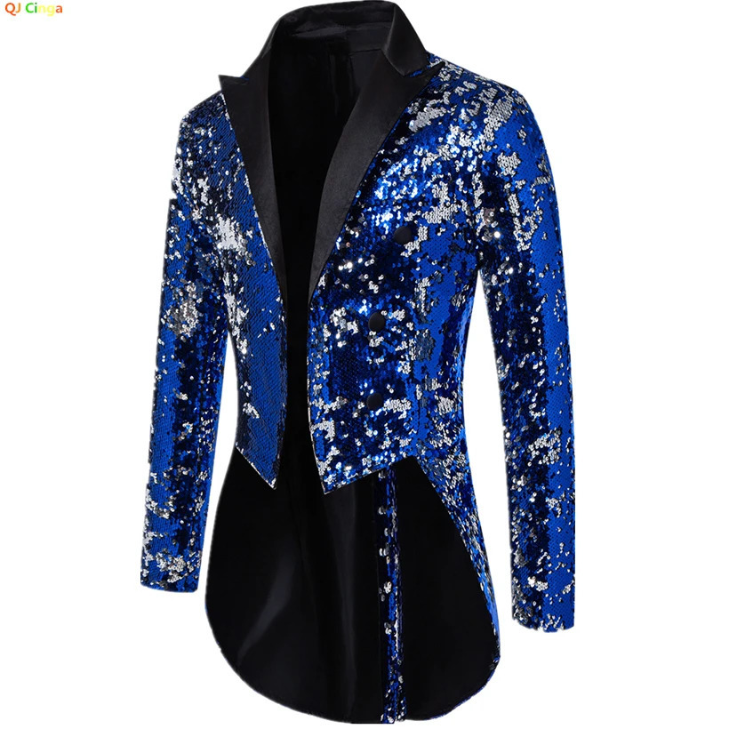Blue metal shiny sequin tailcoat for men performance party dress jacket fashionable long cardigan wool sweater set red gold Trail Blazer 250418