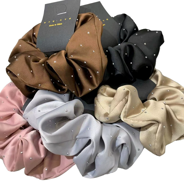 Hair Rubber Bands Women Fashion Silk Scrunchie With Rhinestones Elastic Satin Hair Band Girls Big Hair Tie Balck Crunchy For Hair Accessories 231208