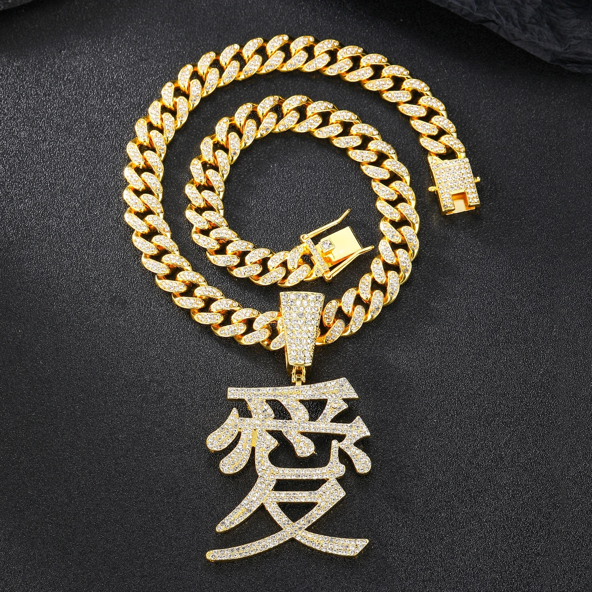 Chinese character Love pendant ice out 13MM Cuban chain hiphop fashion jewelry 250420