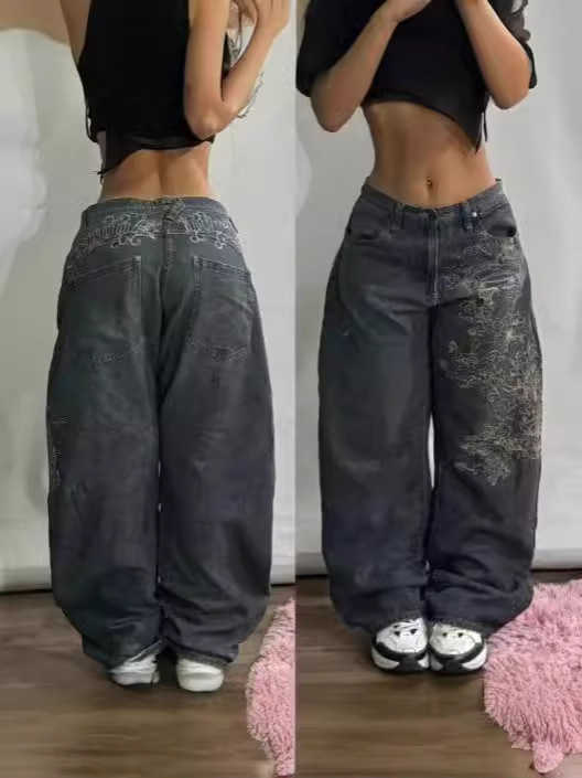 New Loose-fit Denim Embroidered Hip-hop Casual Pants For Men High Street Style High-waisted Hip-hop Style T251120