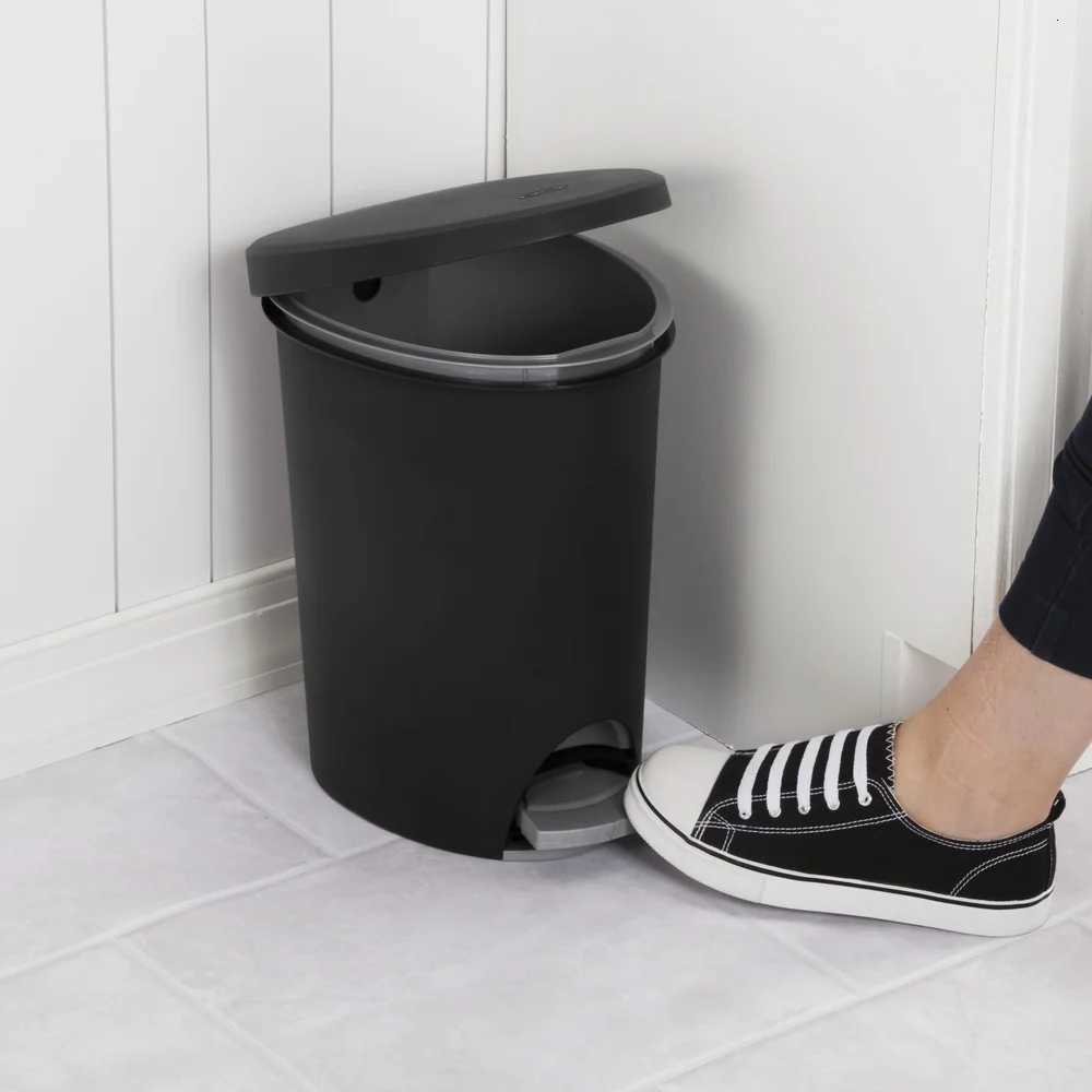 Hands-Free Step-On Plastic Trash Can Slim Oval Wastebasket Ideal Bathroom Bedroom Home Office Odor Control Removable Liner C251120