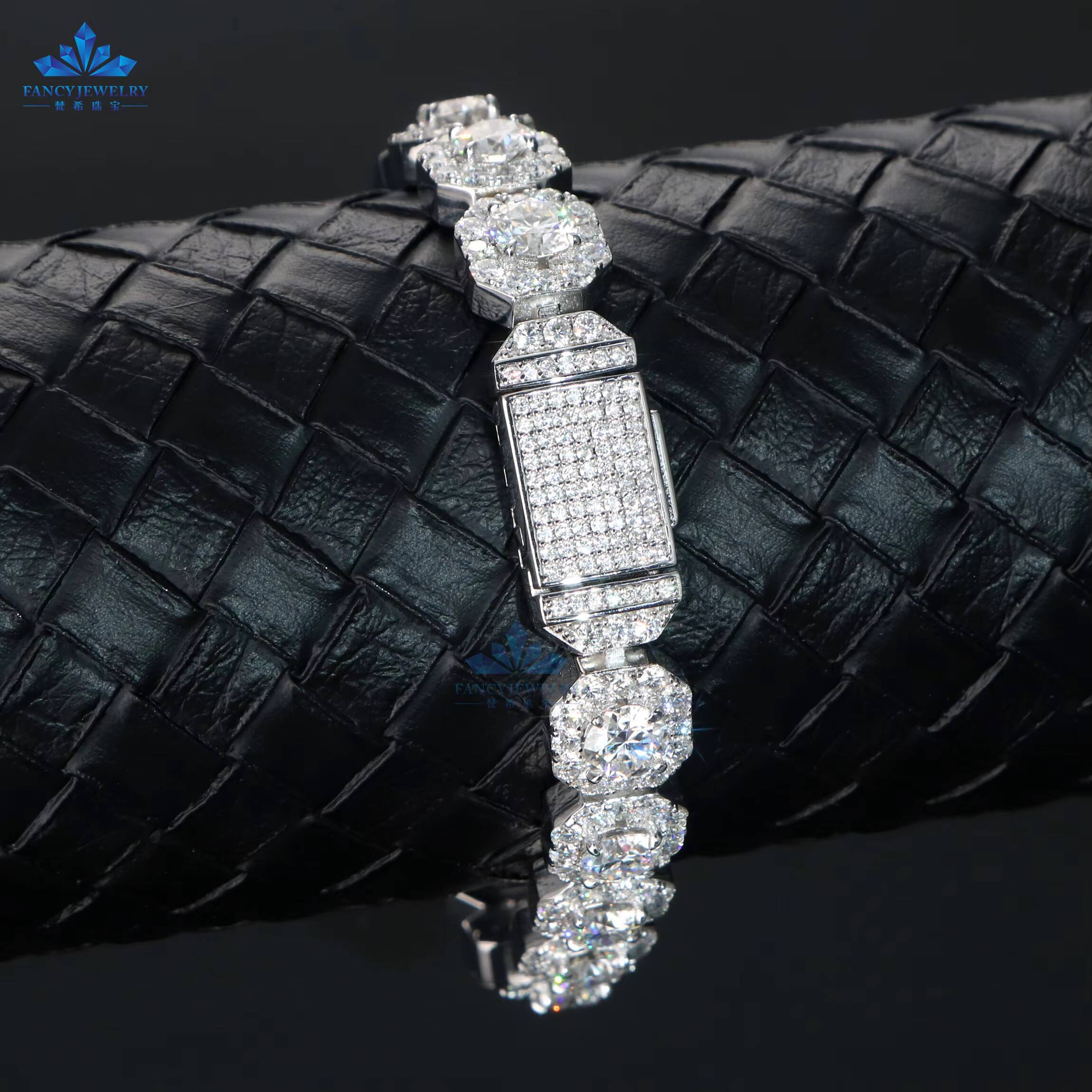 Hip Hop Iced Out Round Brilliant Cut VVS Moissanite Diamond 11MM Square Cluster Tennis Chain 925 Silver Bracelet for Men Women