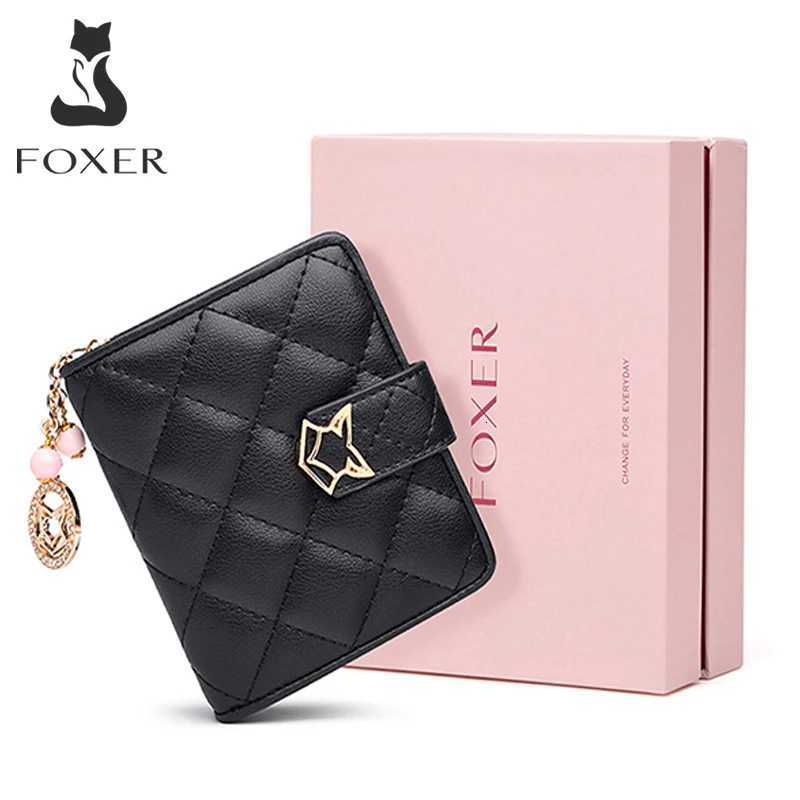 FOXER Brand Women Split Leather Short Wallet High Quality Multi-function Card Holder Girls Fashion Plaid Zipper Mini Coin PurseW251120