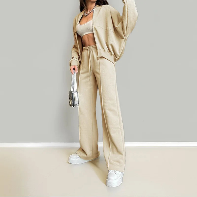 Womens wool lined hooded jacket high waisted casual pants set thick in winter warm loose outdoors track suit 250418