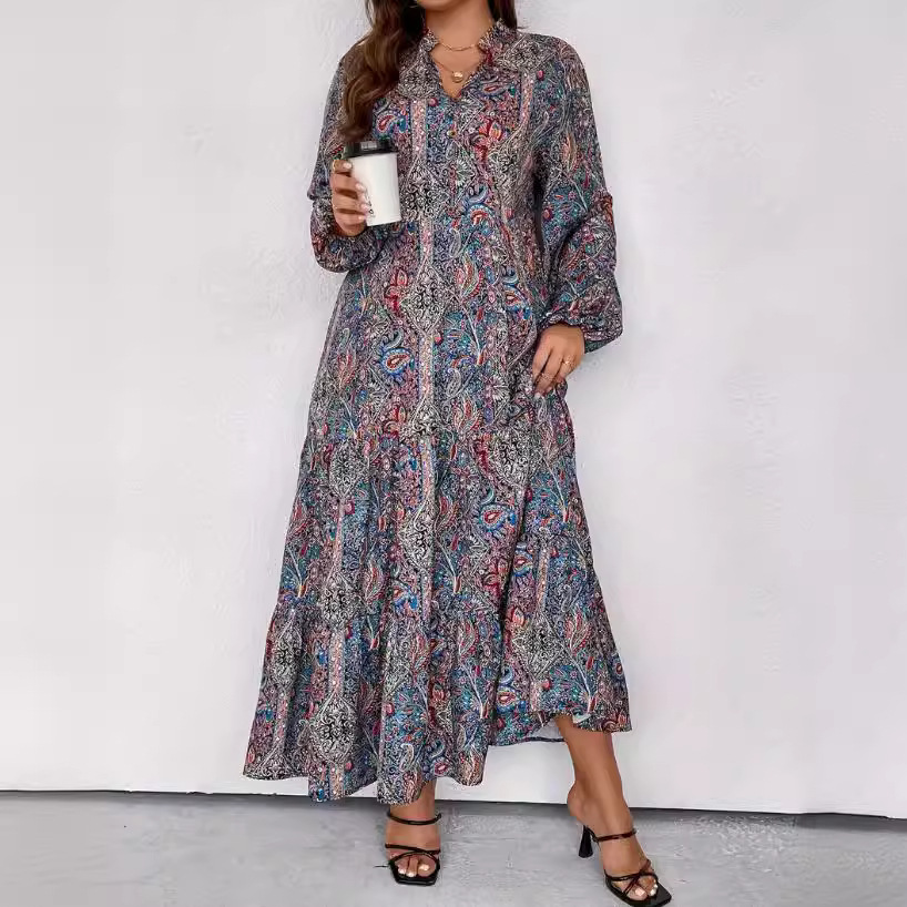 Foreign trade new v-neck printed long skirt autumn and winter new loose large size cross-border dress