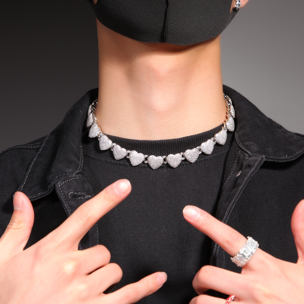 15mm Hip Hop Love Heart Chokers Tennis Chain Necklace 18K Real Gold Plated Full Zircons Jewelry Women Men Gift