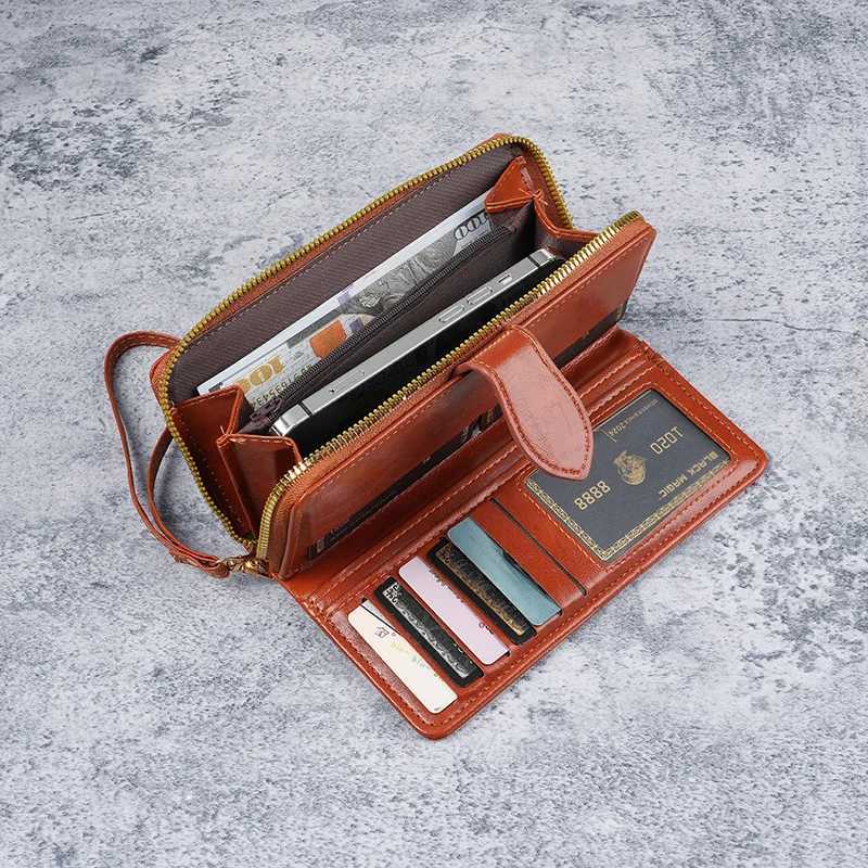 Hot selling cross-border oil wax zipper wallet for women European and American retro card bag large capacity mobile phone bagW251120