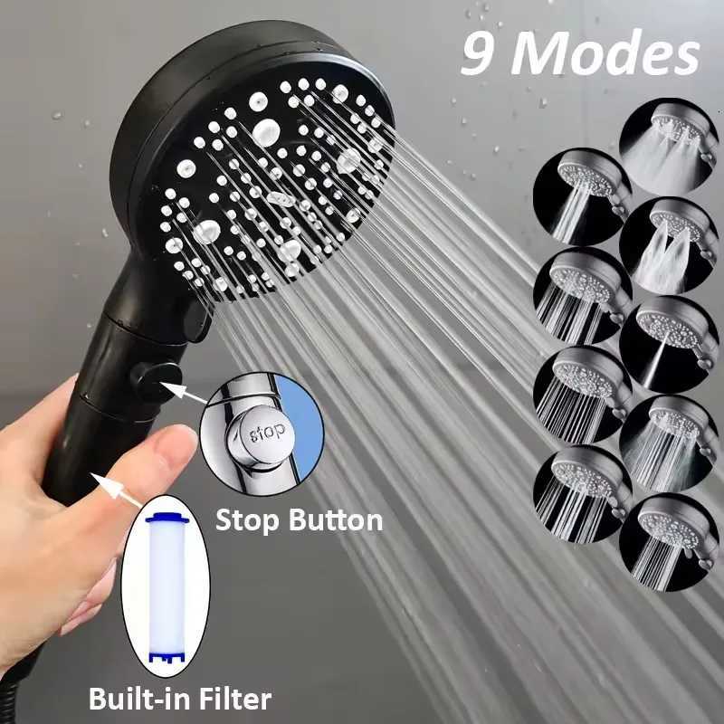 Filter 9 Modes Adjustable Shower High Pressure Shower Head with Hose Water Saving One-Key Stop Spray Nozzle Bathroom AccessoriesM251120