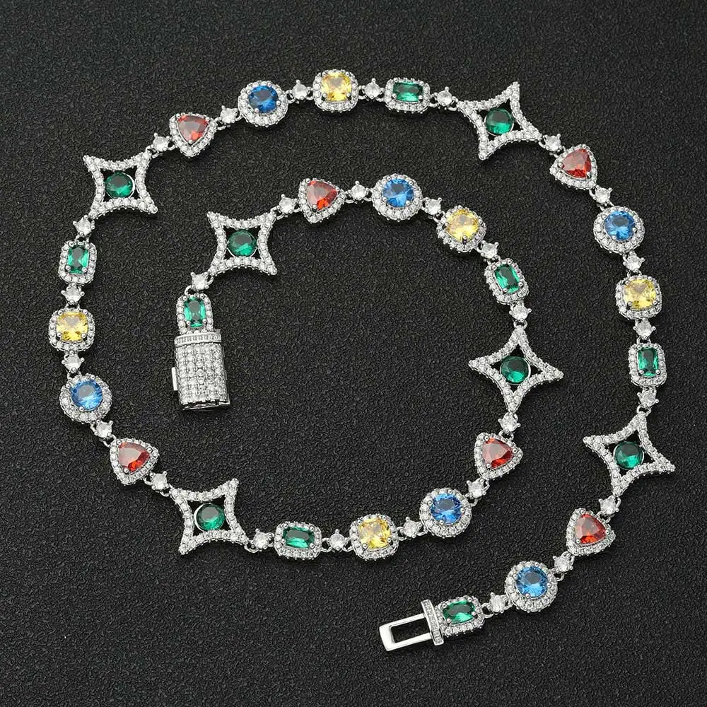 Hip hop jewelry fashion colored zircon ice out necklace womens crystal gemstone chain bracelet platinum goldplated 250420
