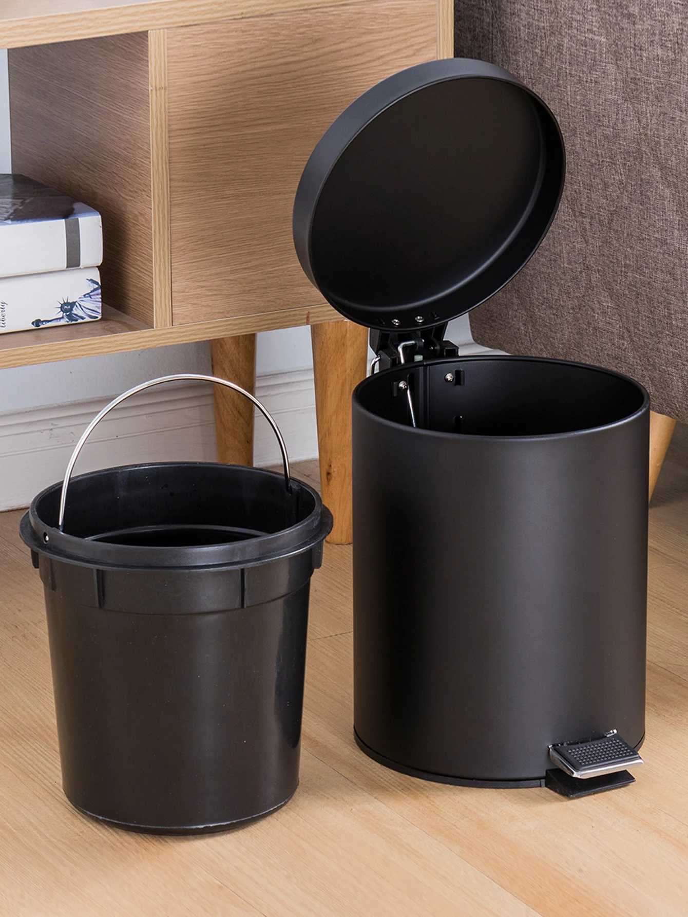 3L Mini Black Round Lidded Step Trash Can Compact Garbage Bin with Removable Liner Bucket and Handle School Bathroom Kitchen C251120