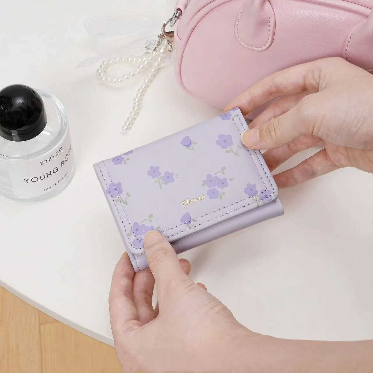 Women Fashion Flowers Short Wallet PU Leather Mini Coin Purse Tri-fold Portable Girls Card Holder INS Clutch BagW251120