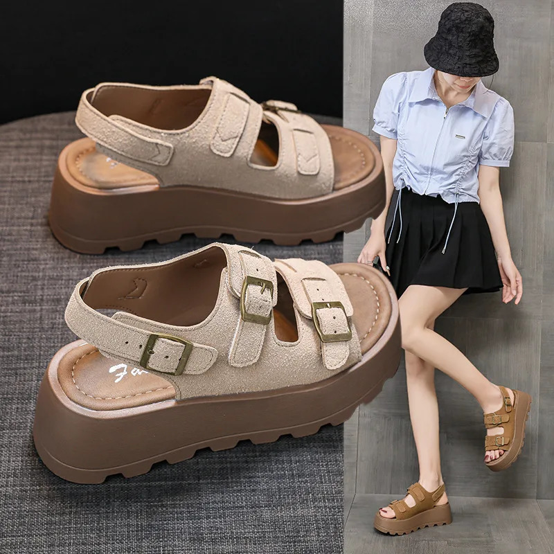 Retro belt buckle womens sandals can be worn in both directions for summer and spring fashionable highend sensory rubber sole with leather lining slid - view 3
