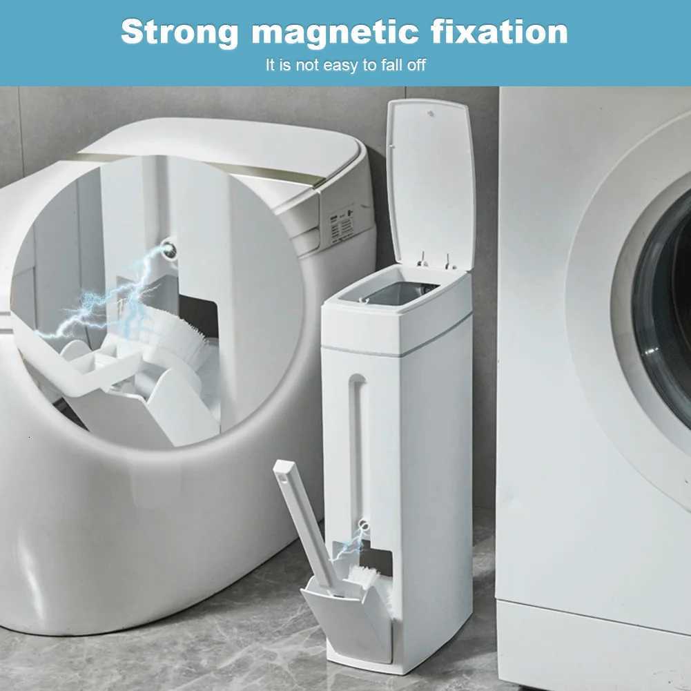 Slim Trash Can with Cleaning Brush and Lid Plastic Waste Basket Bathroom Trash Can for Bathroom Narrow Space C251120
