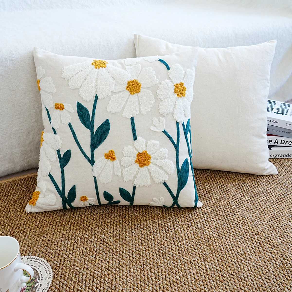 Pillow Case 1pc Daisy Floral Embroidered Throw Cover Cushion Case For Sofa Living Room Home Decor Without Insert C251120