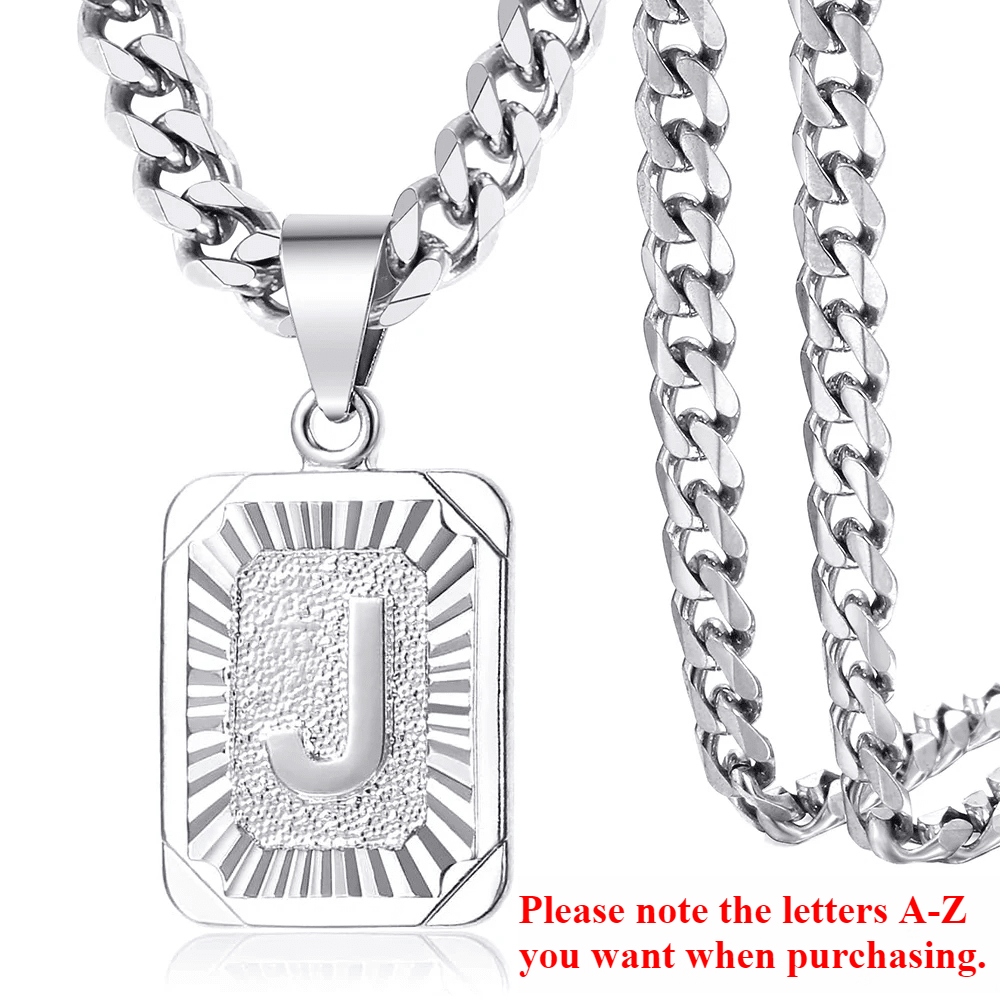 1pc Stainless Steel Square Initial Letter Necklace for Men Women Charms Silver Color Name A-Z Pendant with Cuban Chain