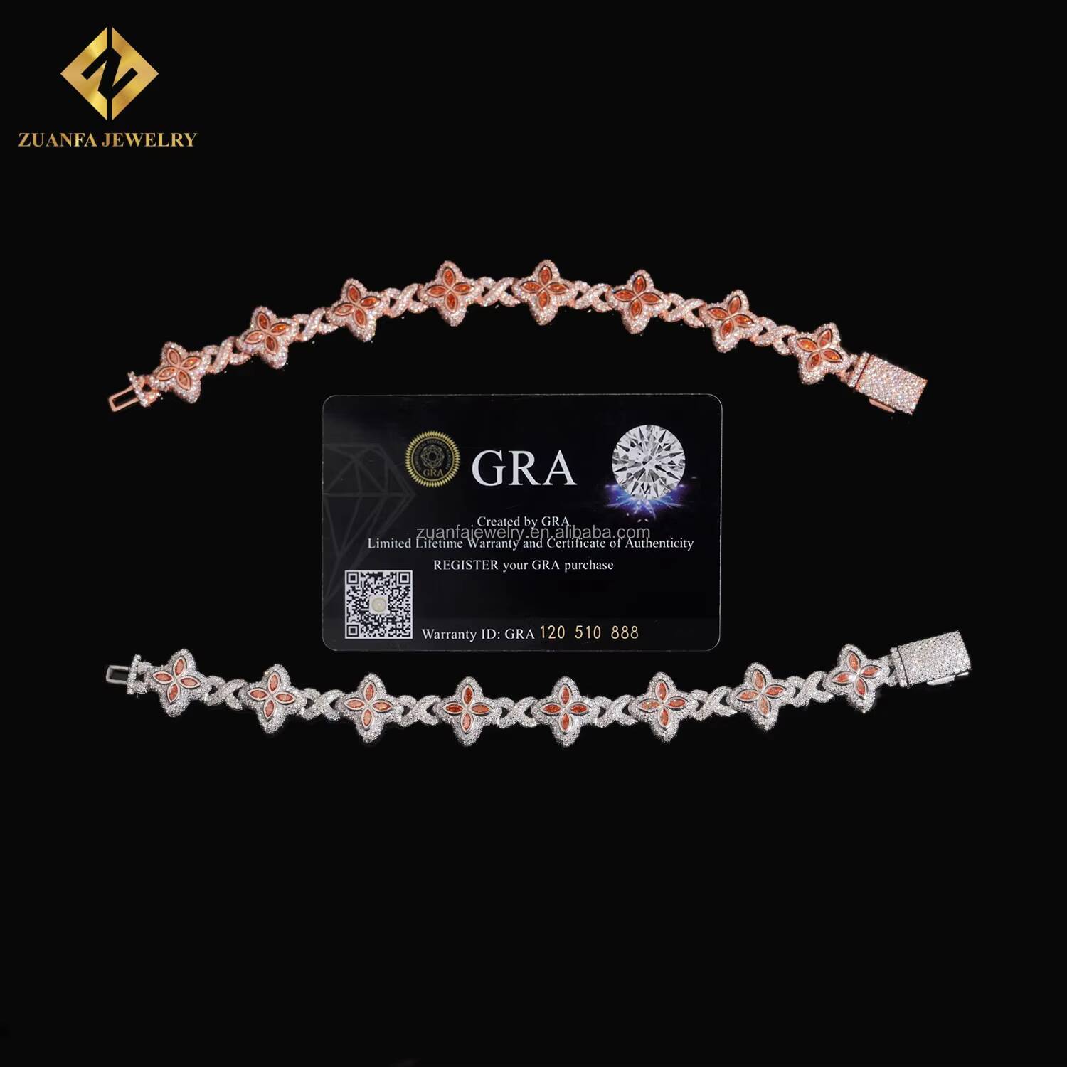 Fashion Style Unique Design Iced Out Hip Hop Jewelry S925 Silver Orange Moissanite Diamond Cleef Clover Infinity Cuban Bracelet