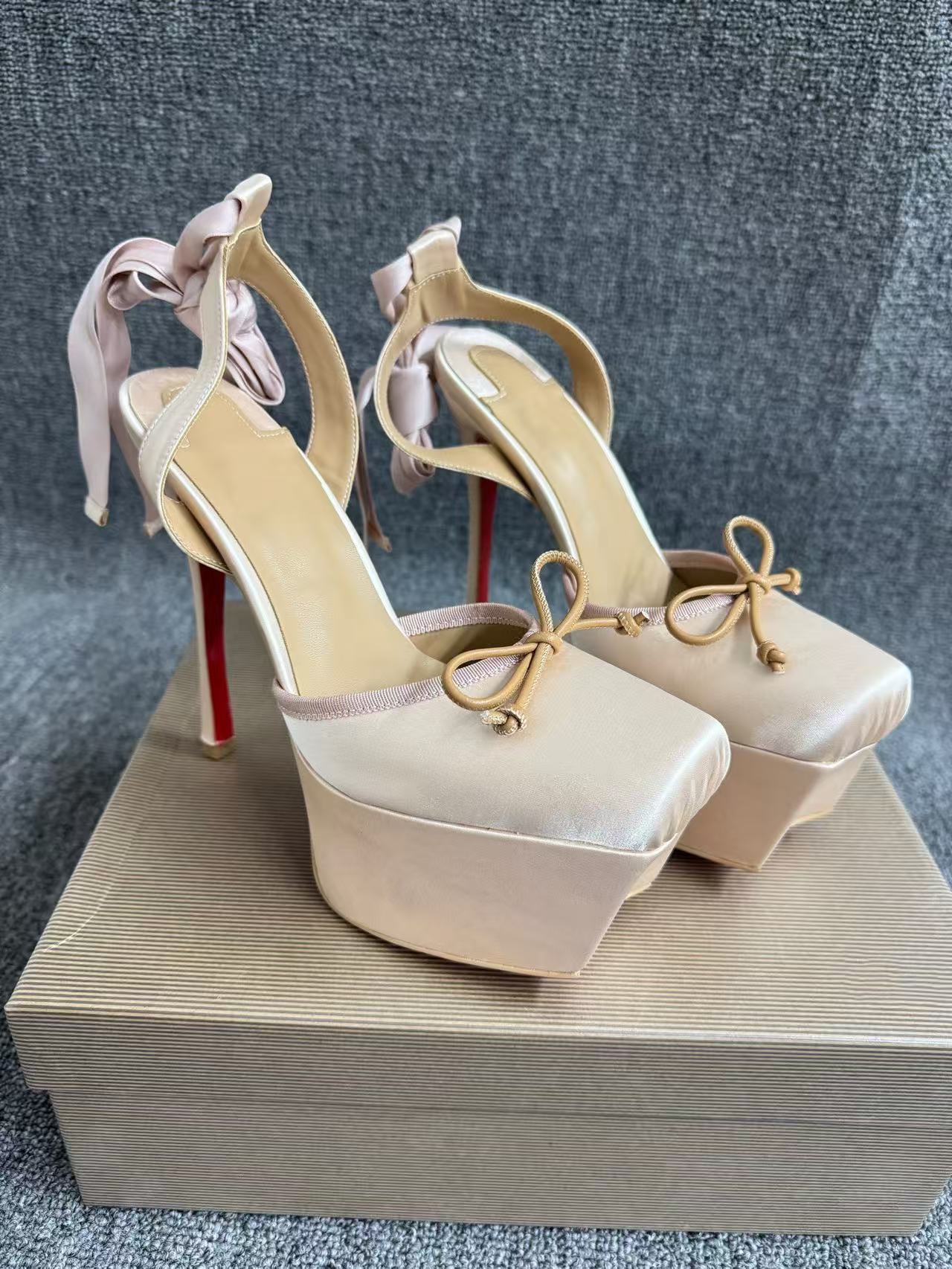 Silk Platform Ballerina Pumps Square Toe Bow Lace Up Strappy Novelty Designer Style Handmade Stilettos Women Banquet Heels 35-42