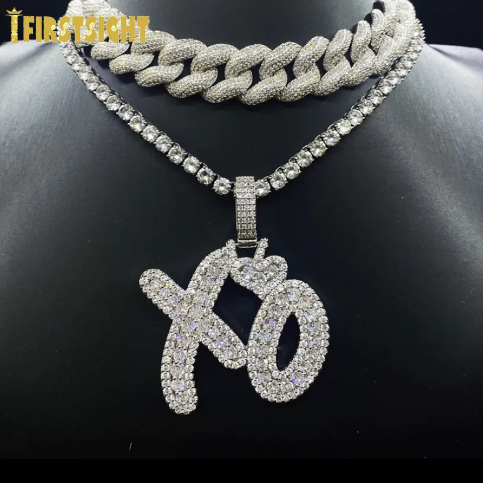 Iced Out Bling Letter XO Pendant Necklace Gold Silver Tennis Chain Zircon Heart Charm Mens Hip Hop Jewelry 250420