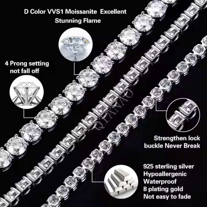 Ready to Ship Sier 3mm Chain Vvs Moissanite 6-9 Inch Tennis Bracelet Iced Out Jewelry Hiphop Man