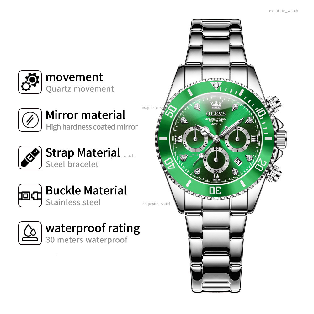 OLEVS Designer Women's Steel Band Multi-functional Green Submariner Quartz Watch Women's Hand Luxury Watch Free Delivery Wholesale