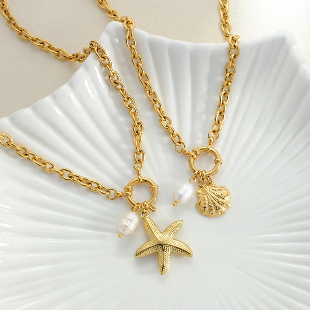 Gold necklace spring buckle womens freshwater pearl stainless steel shell dolphin pendant jewelry set 250420