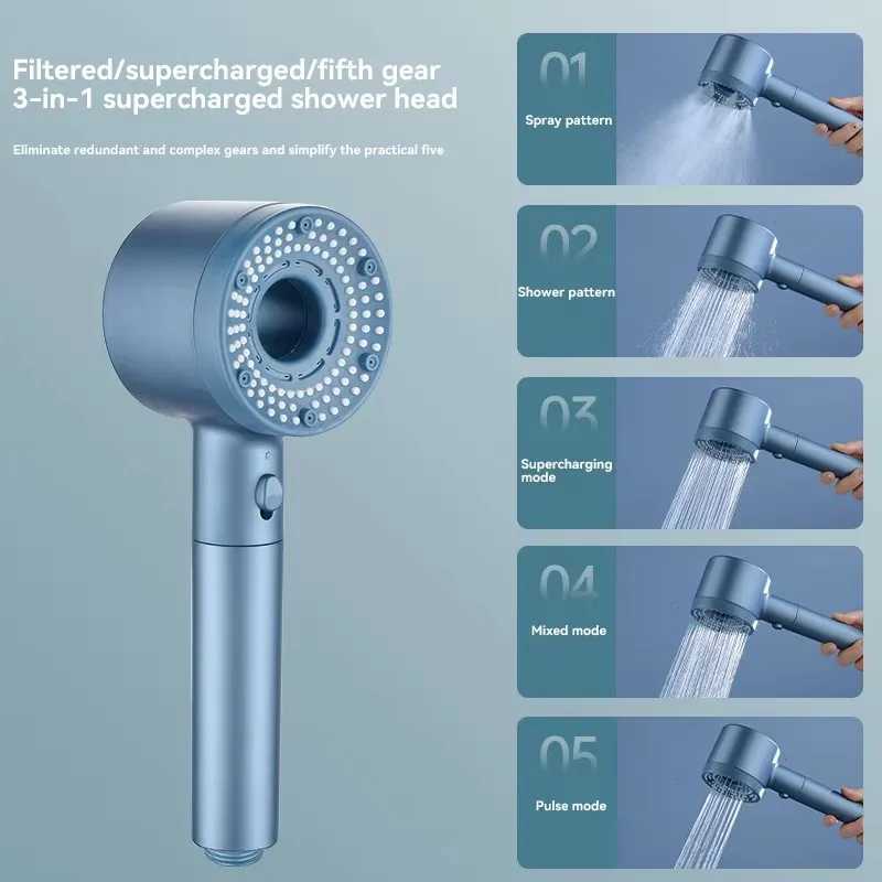 5 Modes Booster Shower Head High Pressure Showerhead Portable Filter Rainfall Faucet Tap Bathroom Bath Home Bathroom AccessoriesM251120