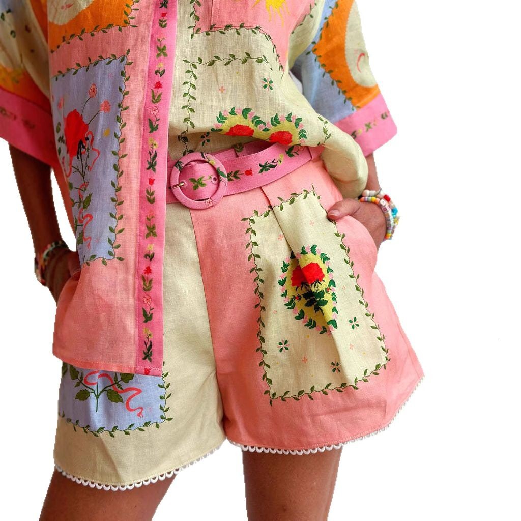 2025 New Two pieces Shorts Set Leisure Fashion Linen Temperament Shirt Girl Printed shirt Top Fashion Clothes