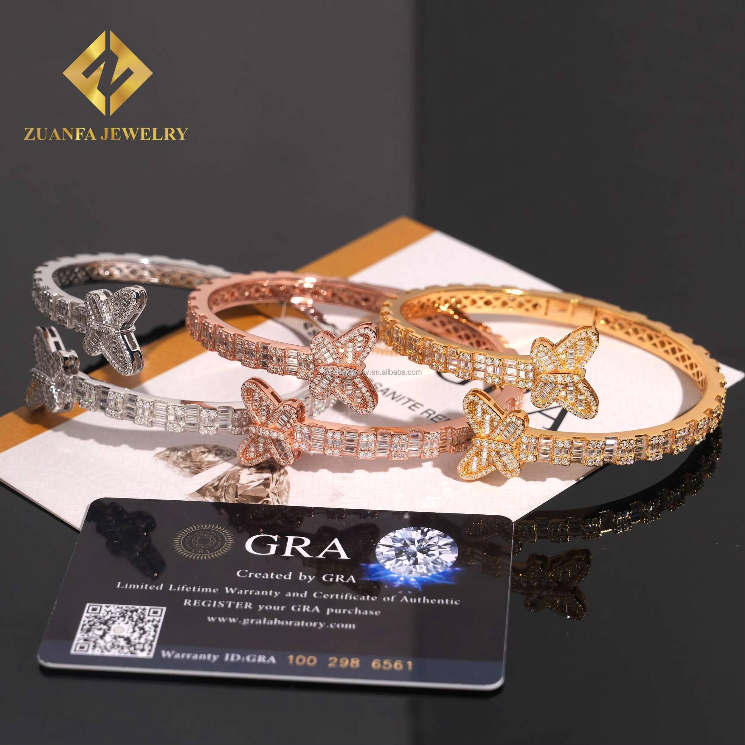 Fashion Drop Shipping Butterfly Rapper Jewelry Luxury Iced Out Hip Hop S925 Silver Baguette Moissanite Diamond Bangle Bracelet