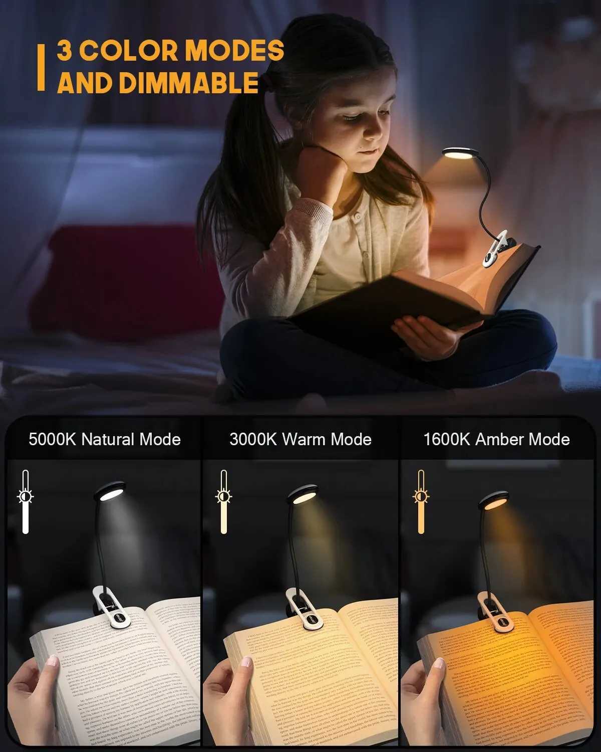 3 Colors 5 Brightness Displays Battery Power Rechargeable Mini LED Reading Light Flexible Easy Clip Night Reading Lamp in Bed M251120