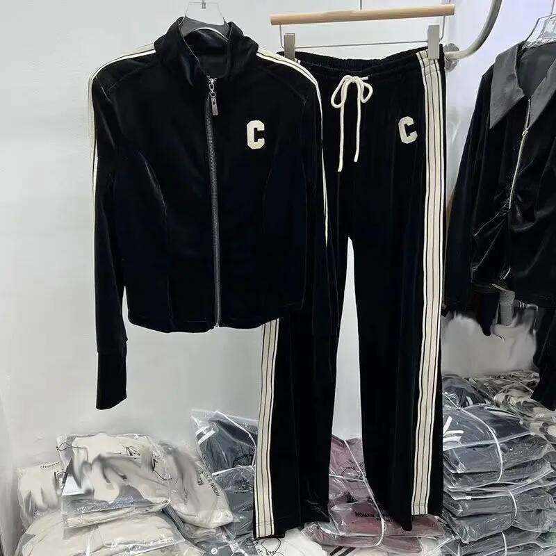 Zipper Long-Sleeved Cardigan Casual Sports Women's Side Bar Sweatshirt Elastic High Waist Wide-Leg Pants Two-Piece Set