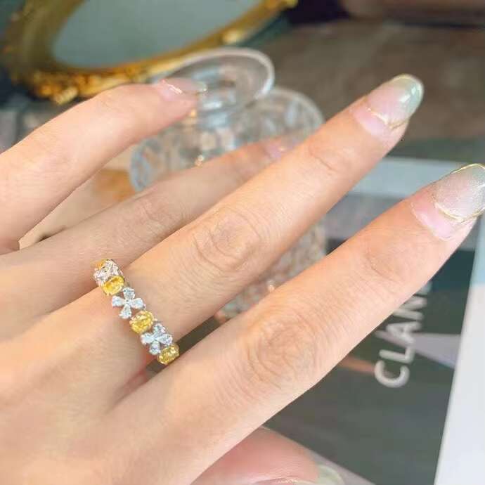 DHCollections 18K Gold Ring with White and Yellow Diamond Leaf Design for Women Stacking Wedding Band Jewellery