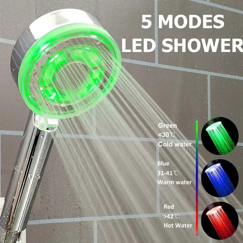 New LED 5 Modes Shower Head Rainfall SPA Temperature Control Shower Pressurized Water Saving 3/7 Colors Handheld Bathroom ShowerM251120