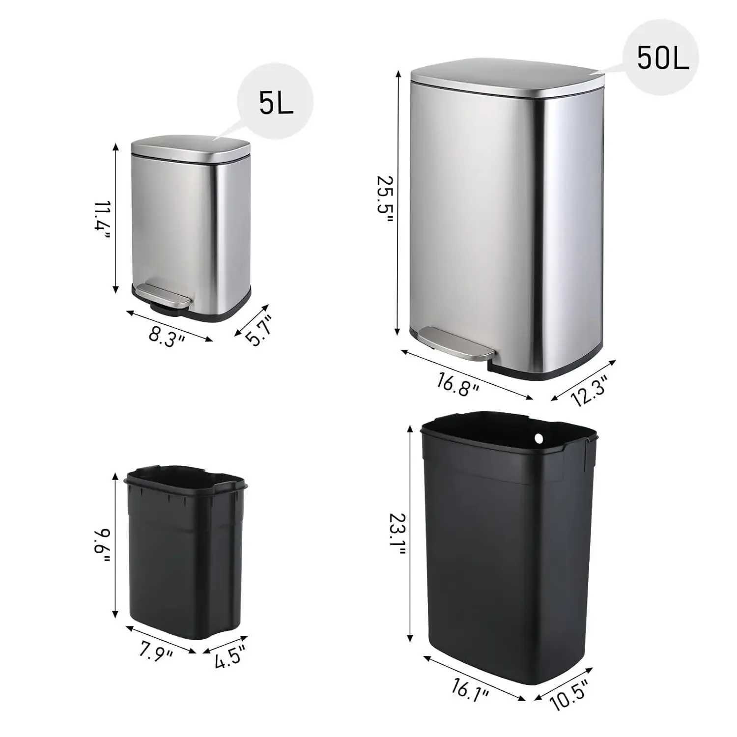 Kitchen Trash Garbage Can 50L5L Soft-Close Smudge Resistant Trash Can with Foot Pedal-Brushed Stainless Steel Satin Nickel C251120