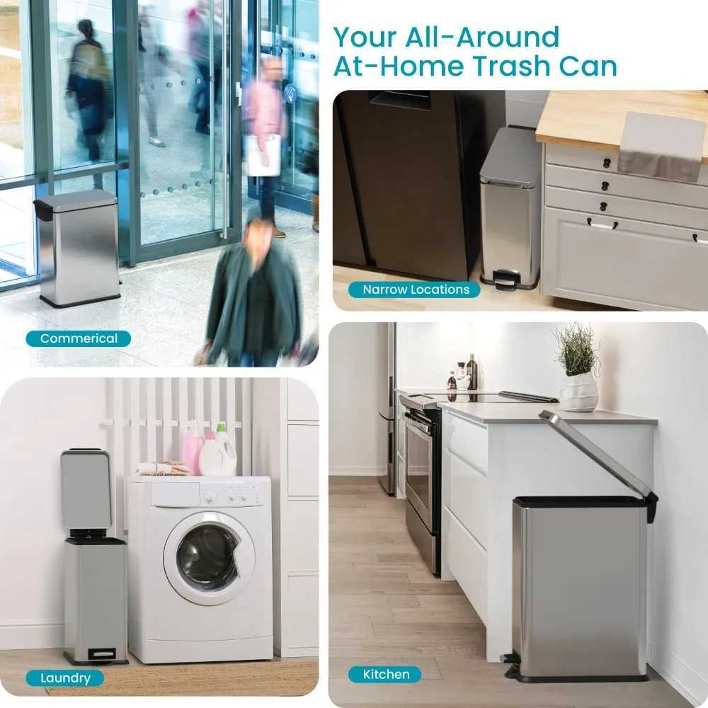 8 Gallon Slim Kitchen Trash Can with Soft Close Lid Step Pedal Bag Tuck Band and Removable Liner StainlSteel Silver C251120