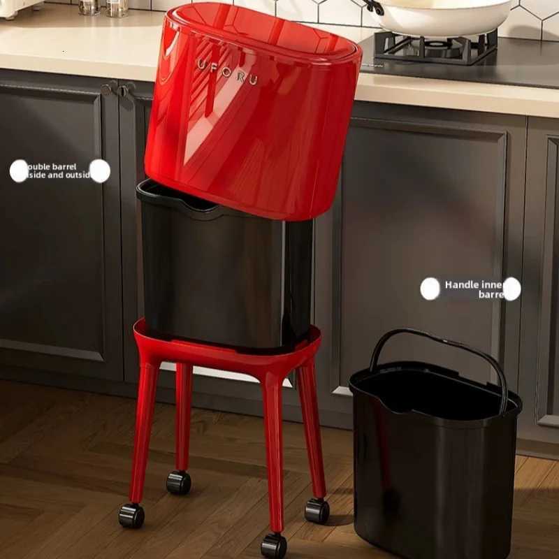 Bend-free High-leg Trash Can With Press-to-open Lid - Large-capacity Oval Kitchen Living Room Garbage Bin Featuring A Red Mod C251120