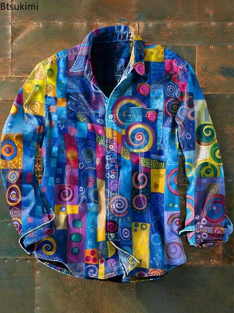 2025 New Mens Vintage Casual Shirts 3D Print Loose Casual Lapel Shirt Jackets Male Streetwear Spring Autumn Long Sleeve ShirtsM251120