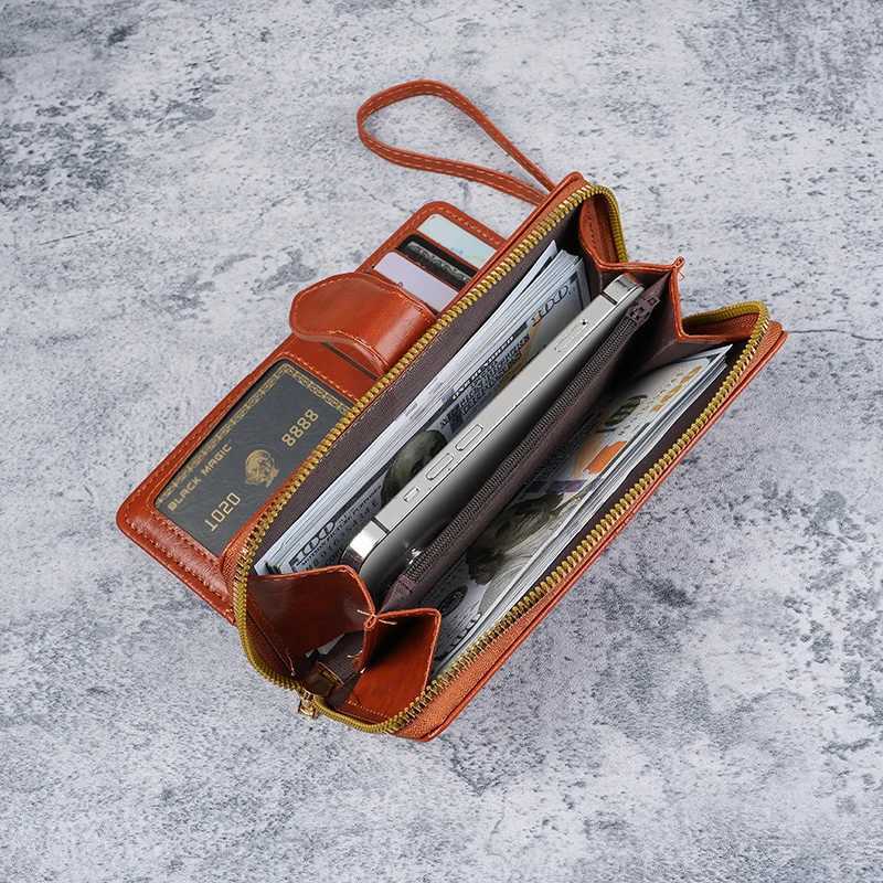 Hot selling cross-border oil wax zipper wallet for women European and American retro card bag large capacity mobile phone bagW251120