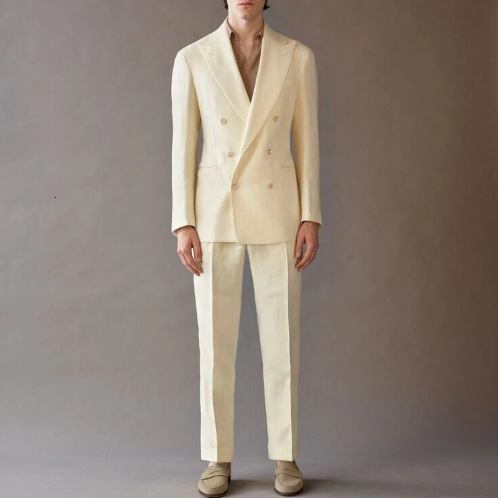 Mens linen cream double breasted evening gown wedding ball beach casual business suit twopiece set jacket pants 250420